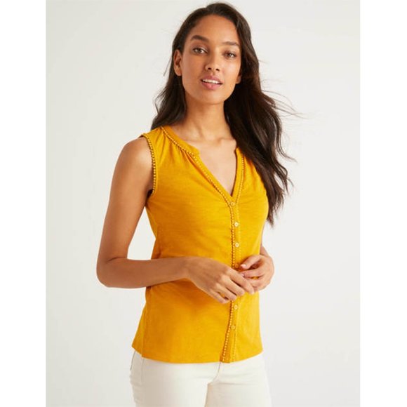 Boden Tops - Boden Dara Pompom Jersey Shirt Sleeveless Top Button Down Tuscan Sun Yellow 10